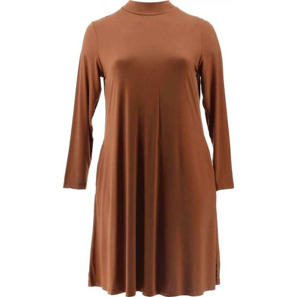 Susan Graver Petite Liquid Knit A-Line Mock Neck Dress Toffee Brown 5X A615710